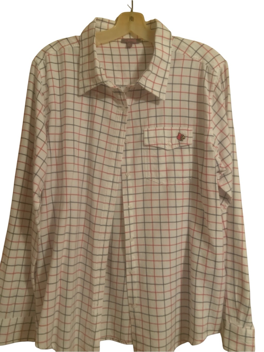 UG apparel Woman’s White Plaid Long-Sleeve Shirt Louisville Cardinals XL size